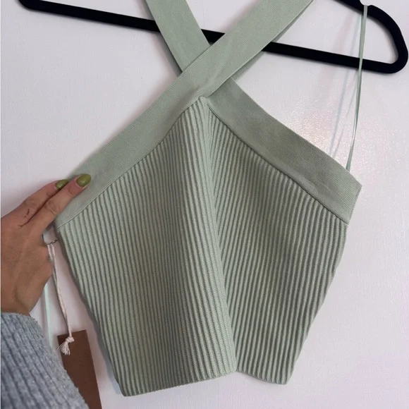Sage Ribbed Cross-Back Crop Top - Picture 3 of 5